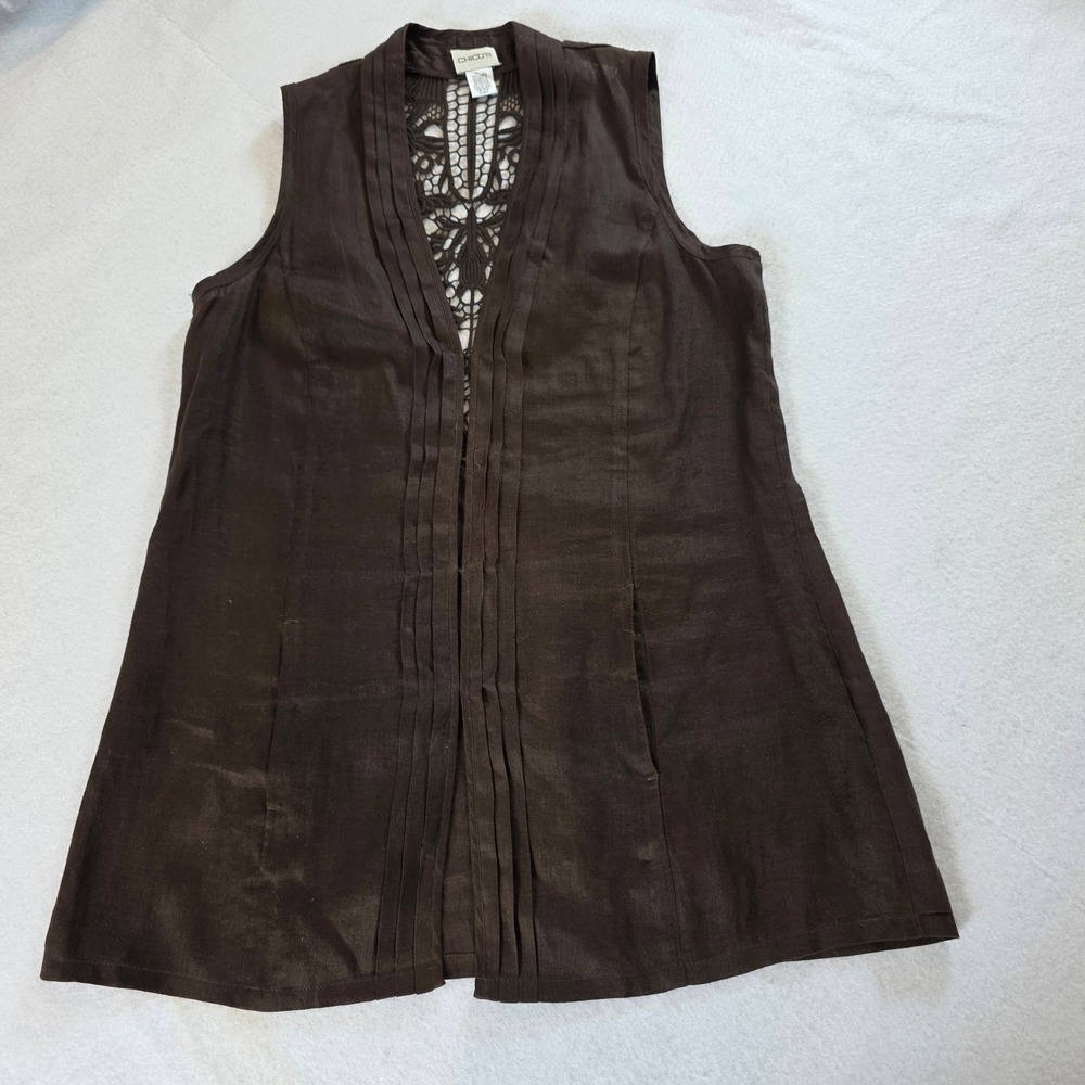 Chicos‎ Brown 100% Linen Crochet Lace Back Pleated Longline Vest Size 0 Small